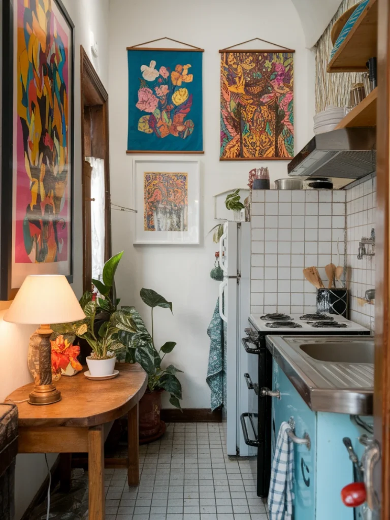 A cosy small kitchen featuring colourful wall art, plants, and warm lighting