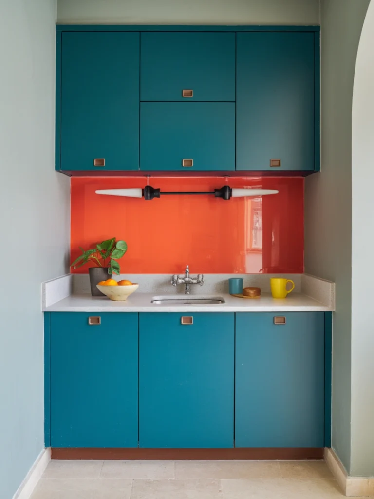 A modern small kitchen featuring teal cabinets and an orange backsplash, with colorful accessories.