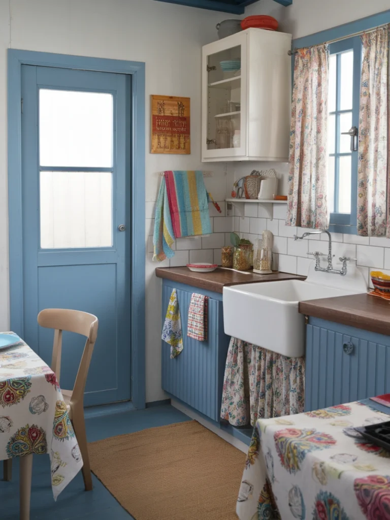 A colourful small kitchen featuring vibrant textiles on curtains and tablecloths.