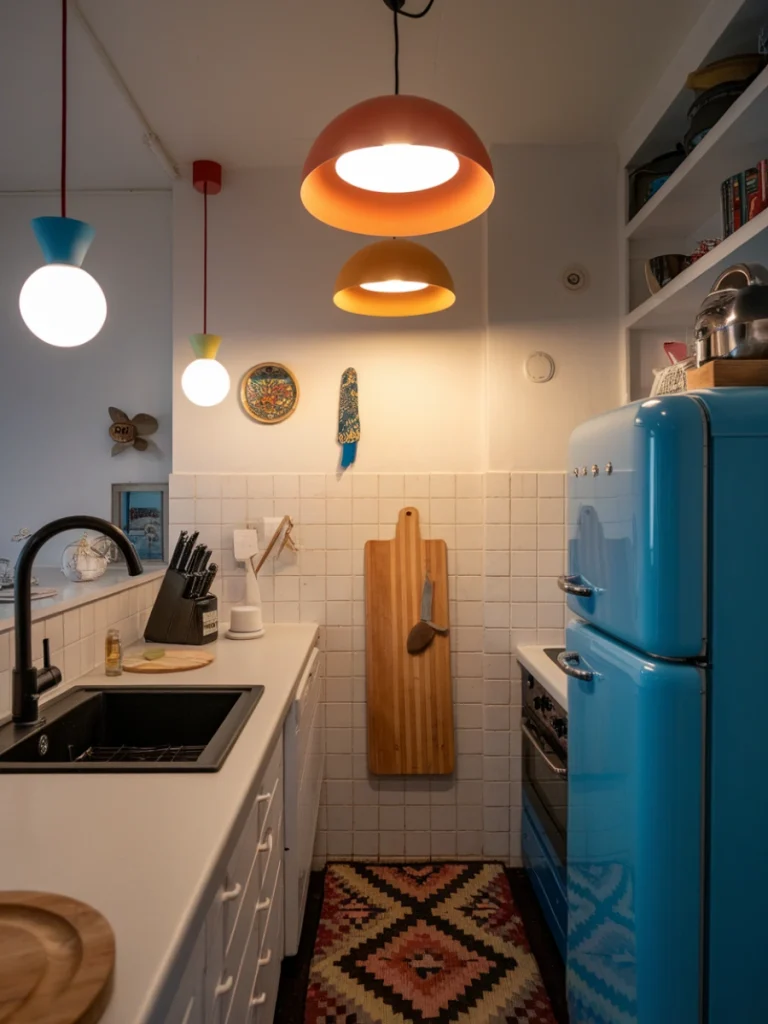 Colorful lighting fixtures in a small kitchen