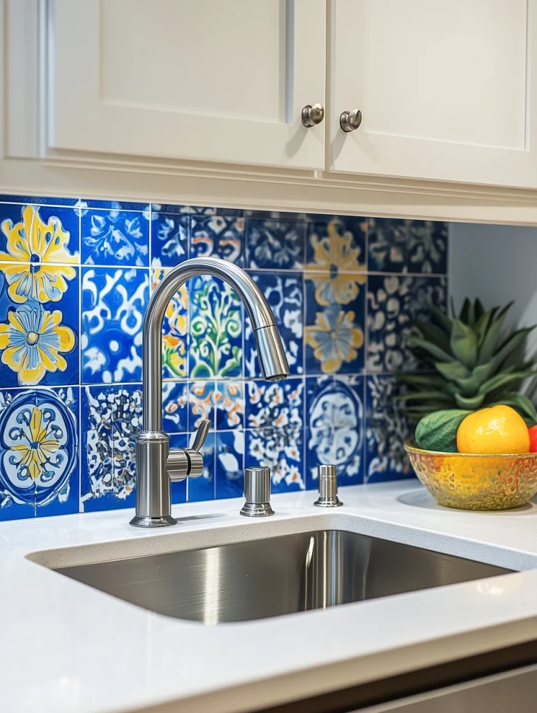 Bright tiled splashback - colourful small kitchen ideas