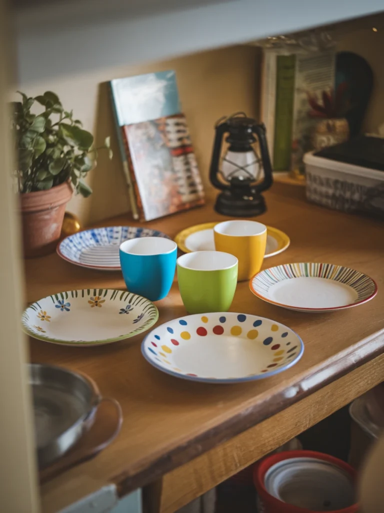 Colourful small kitchen ideas: A variety of colourful plates and cups arranged on a wooden table, showcasing vibrant patterns and designs.