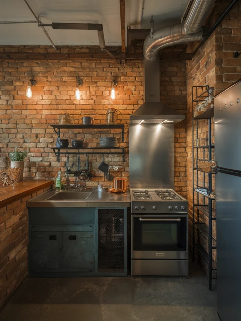 An industrial-style kitchen featuring exposed brick walls, metal fixtures, and an open shelving design.