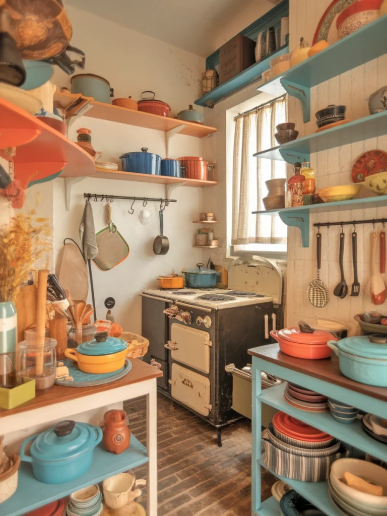 A colourful small kitchen filled with various pots, pans, and kitchen accessories on shelves.