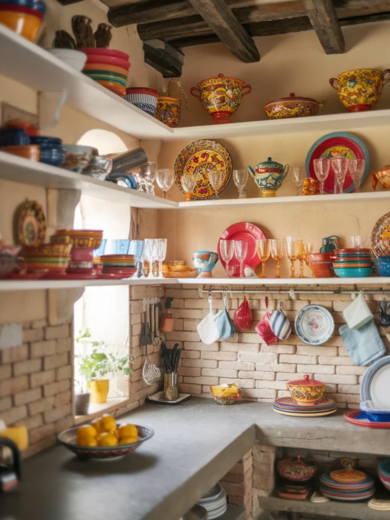 Colourful open shelving filled with various dishware and decorative items in a small kitchen.