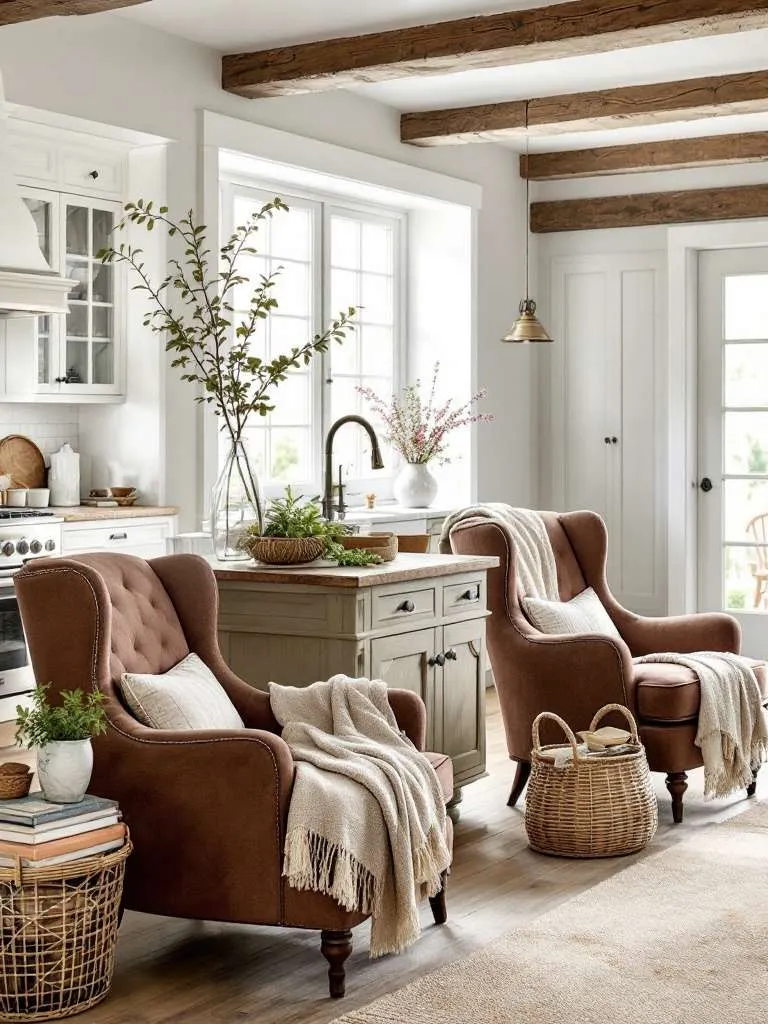 A cozy kitchen with two brown armchairs, a wooden island, and natural light from the windows.