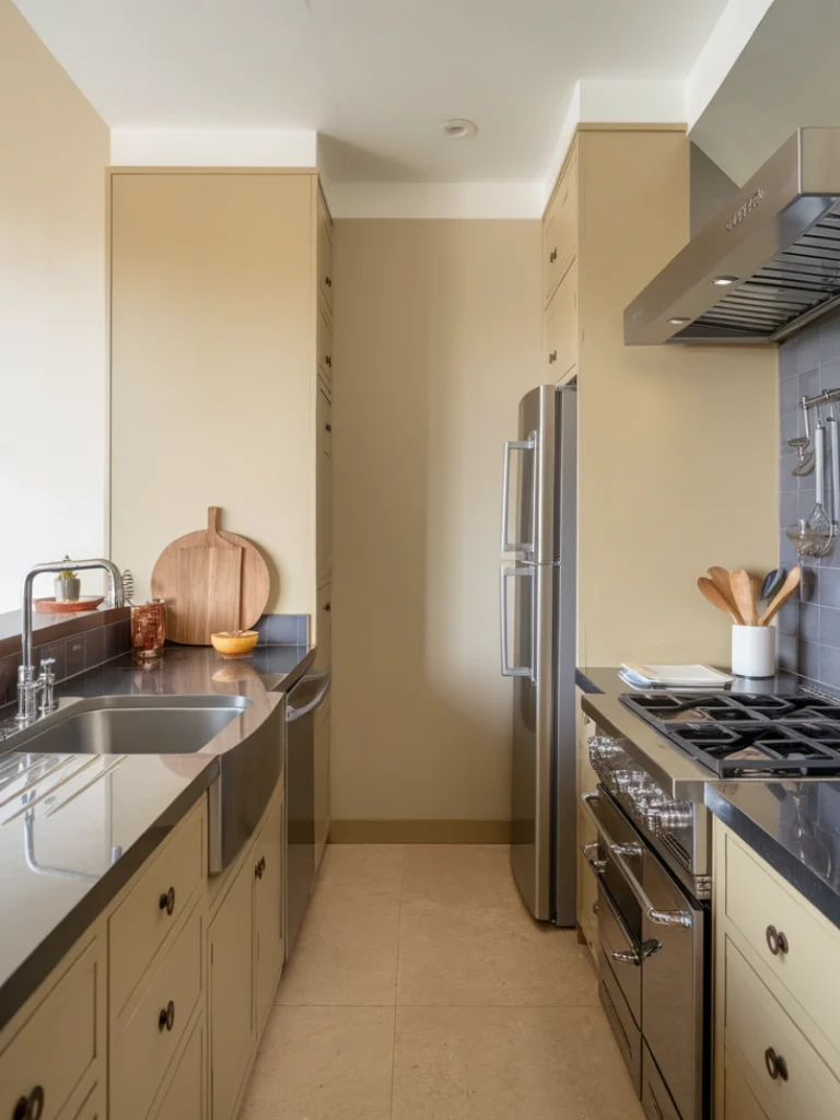 small kitchen layouts: A compact galley kitchen featuring beige cabinetry, stainless steel appliances, and efficient layout.