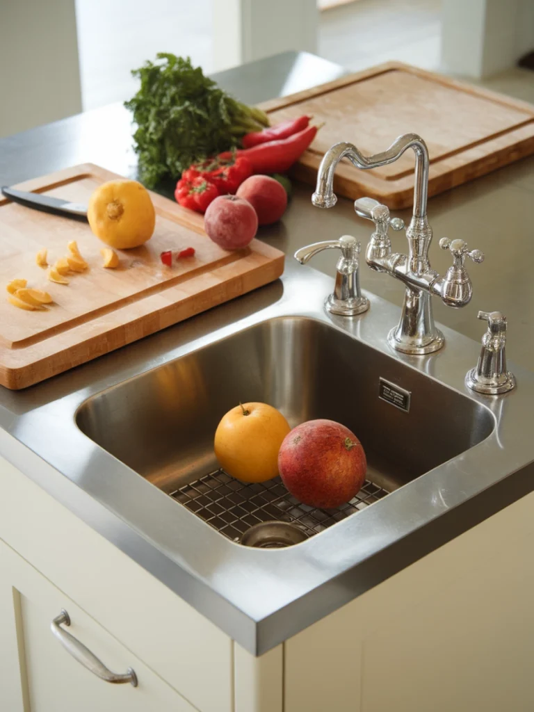 Compact kitchen island with a vegetable sink and fresh produce, showcasing a functional small kitchen design.