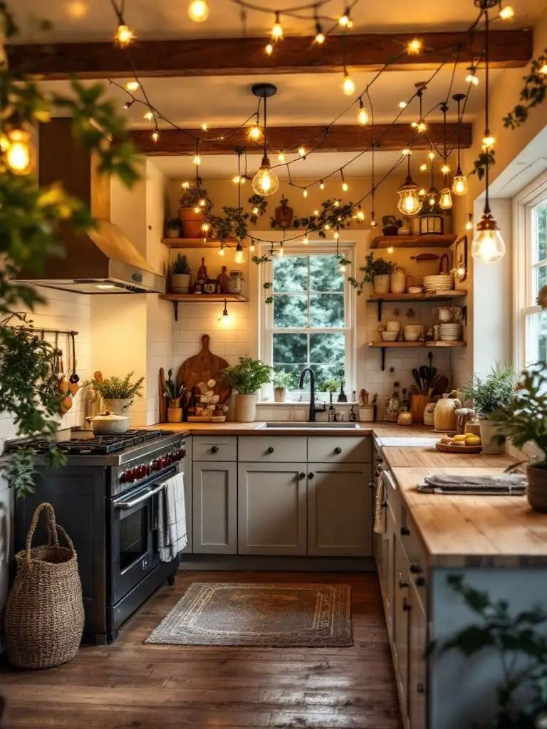 A cozy cottage kitchen with creative lighting fixtures hanging from the ceiling.