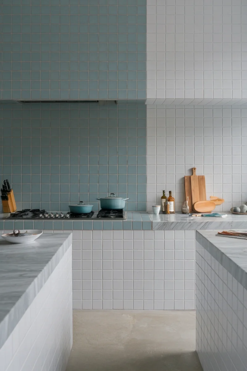 A modern kitchen with a two-tone tile backsplash and minimalist design.