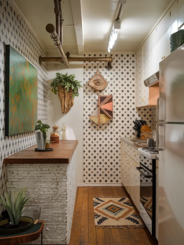 An eclectic small kitchen with a mix of textures and patterns, featuring geometric wallpaper, a rustic white brick counter, and colorful art pieces.