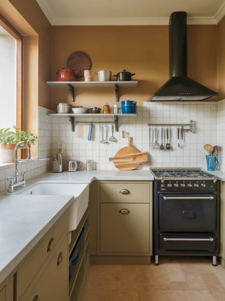 A small U-shaped kitchen featuring earthy tones, open shelving, and integrated storage solutions.