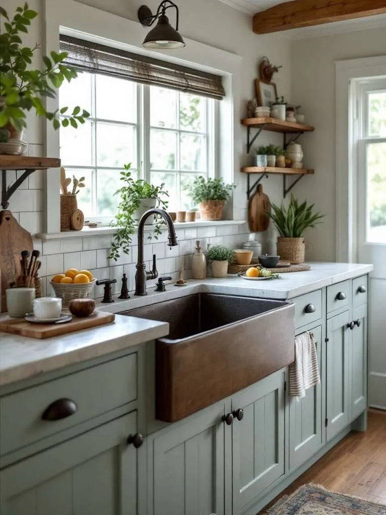 A cozy farmhouse-style kitchen featuring a deep sink, green cabinets, and plants