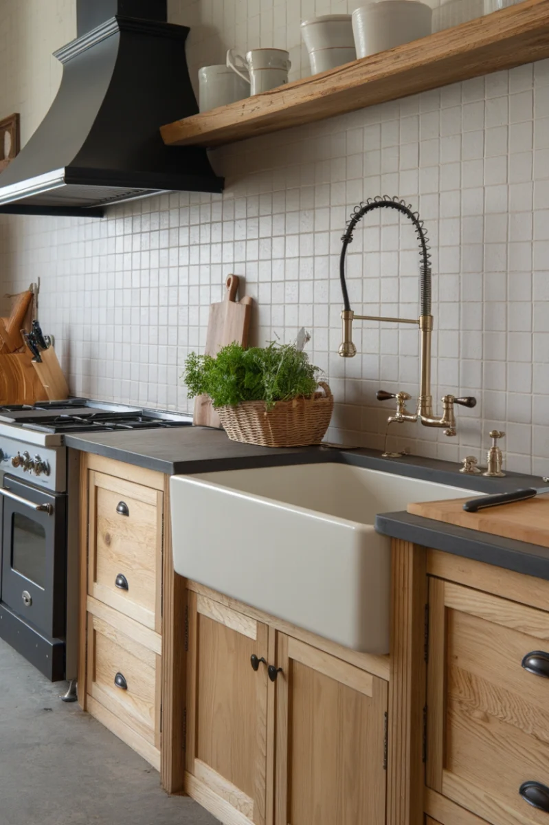 A farmhouse kitchen featuring a large white sink, vintage faucet, and open wooden shelves.