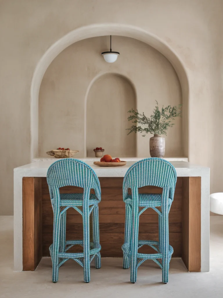 Colourful small kitchen ideas: Two funky bar stools in a small kitchen with a neutral background.