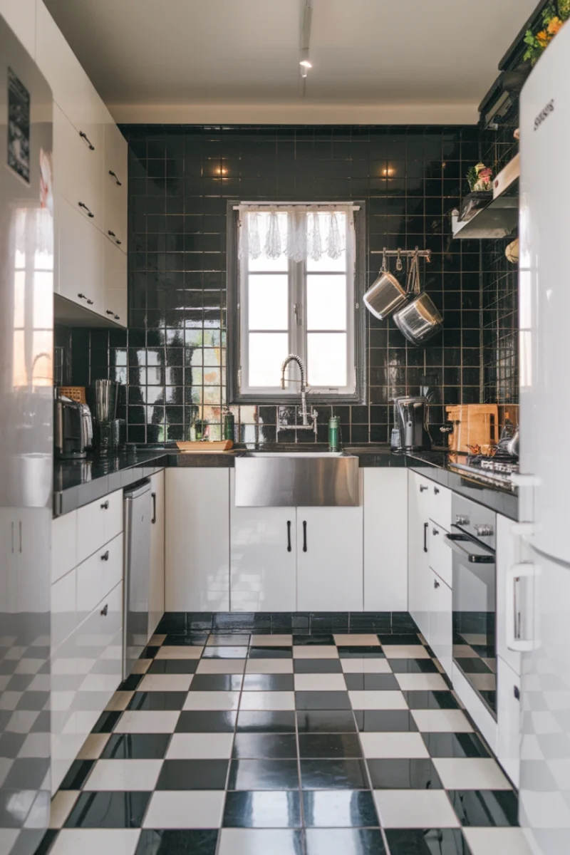 A modern kitchen featuring glossy black wall tiles and black and white checkered flooring.