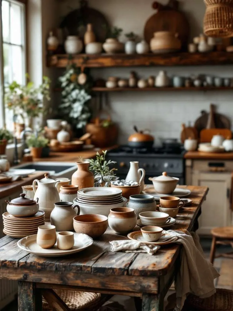A cozy kitchen with an assortment of handmade pottery and dishes on a wooden table, surrounded by shelves of additional pottery.