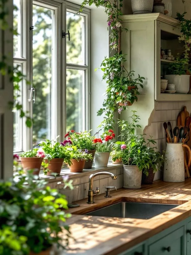 A cozy kitchen with a variety of potted herbs and flowers on the windowsill, showcasing natural sunlight and wooden countertops.