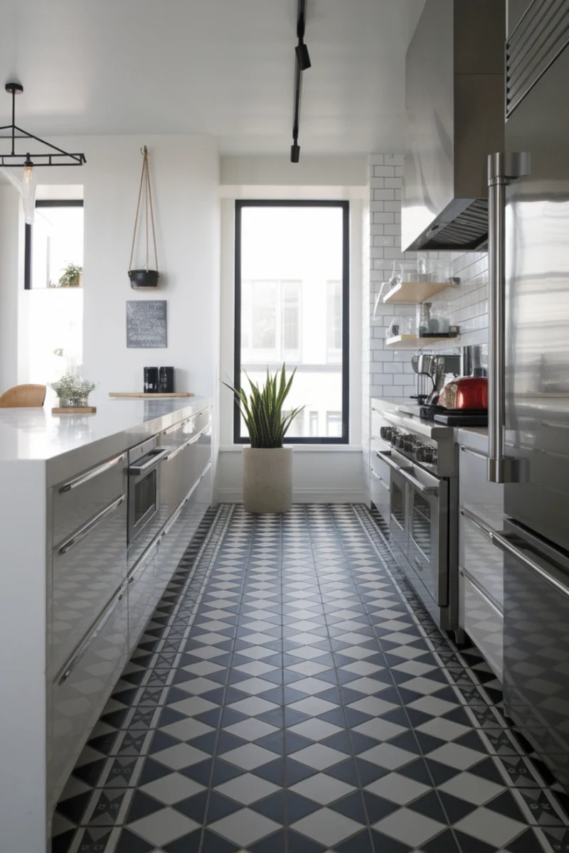 Modern kitchen with high-contrast black and white wall tiles