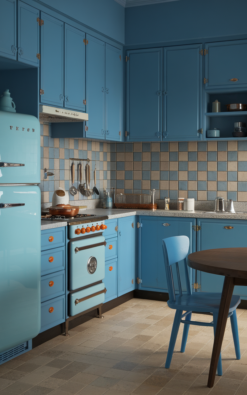 A retro blue kitchen with vintage appliances and cheerful blue tones.