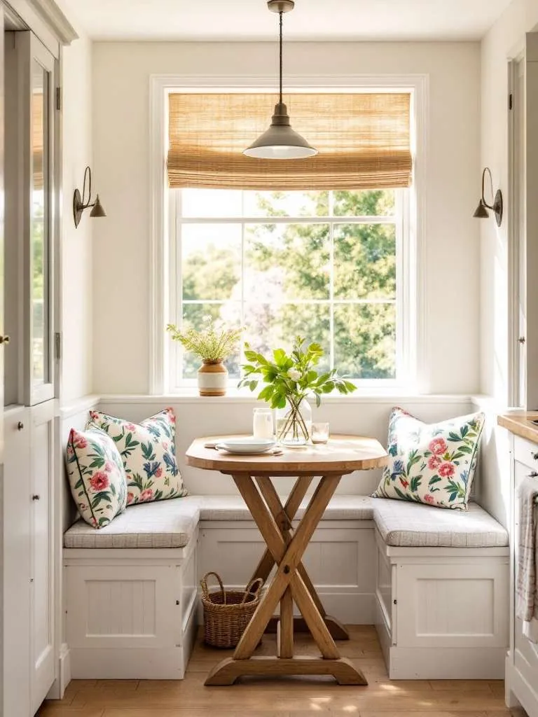 Cosy Cottage Kitchen Ideas: A cozy breakfast nook with a wooden table, floral cushions, and a sunny window view.