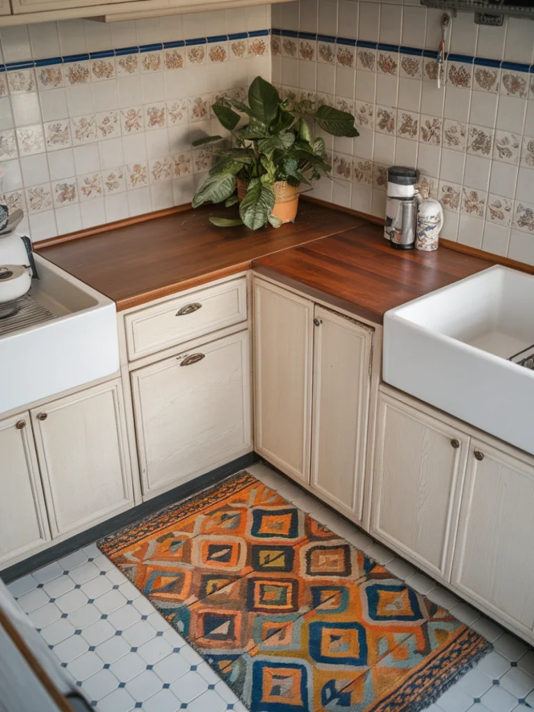 A small kitchen featuring a colourful rug with a geometric pattern, wooden countertops, and green plants.