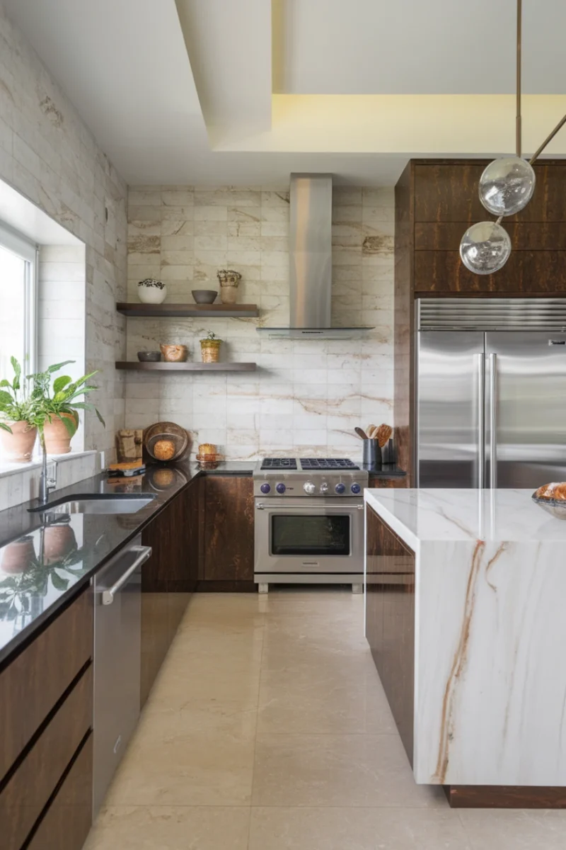 Modern kitchen featuring marble effect wall tiles and a sleek design.