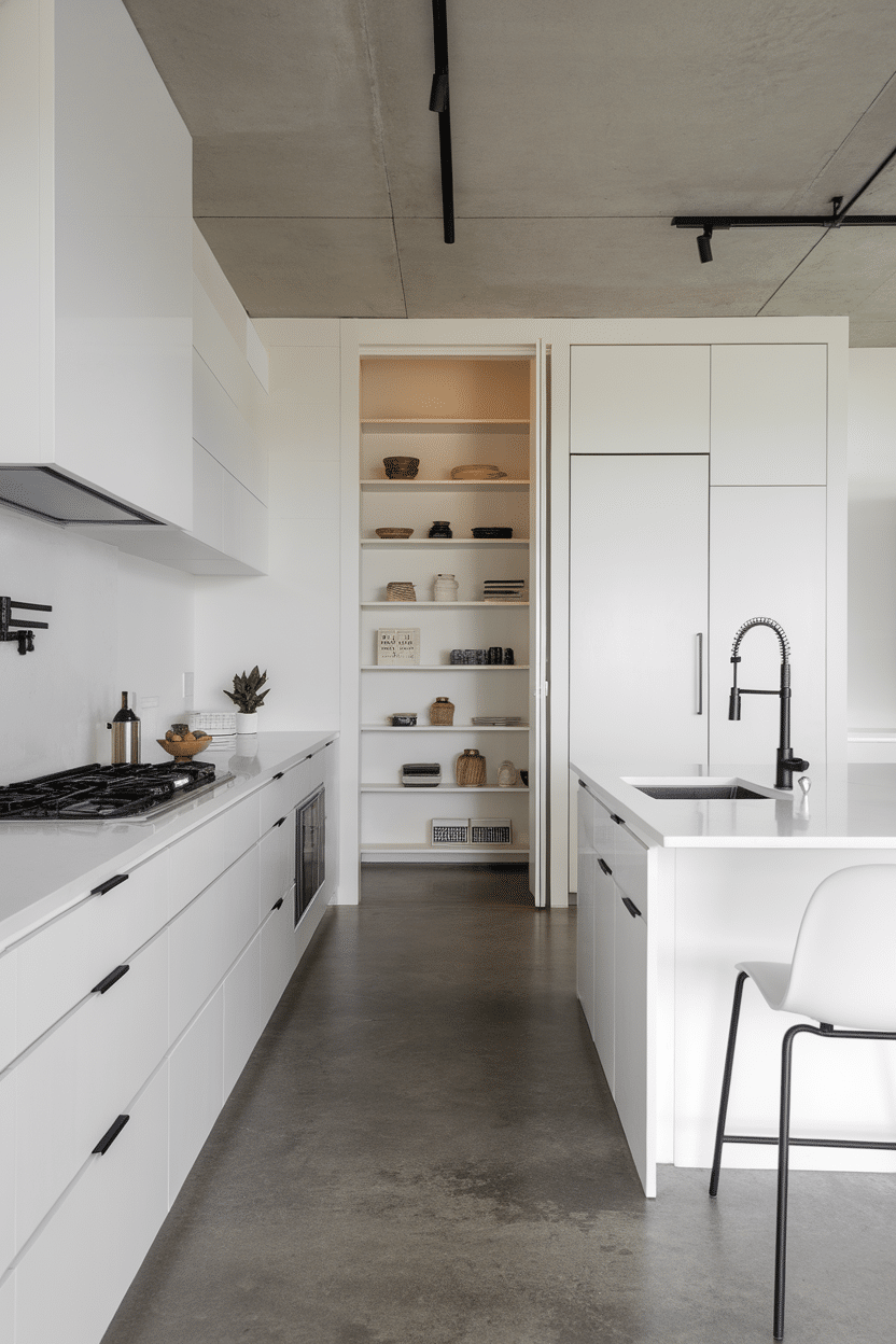 A modern minimalist kitchen featuring white cabinets, black fixtures, and a walk-in pantry.