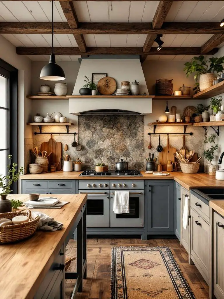 Cozy cottage kitchen with wooden beams, natural stone backsplash, and rustic cabinets