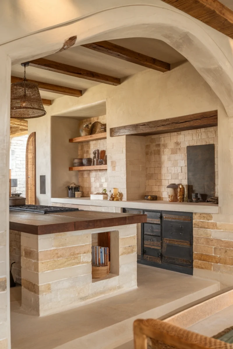 A modern kitchen featuring natural stone tiles and wooden accents.
