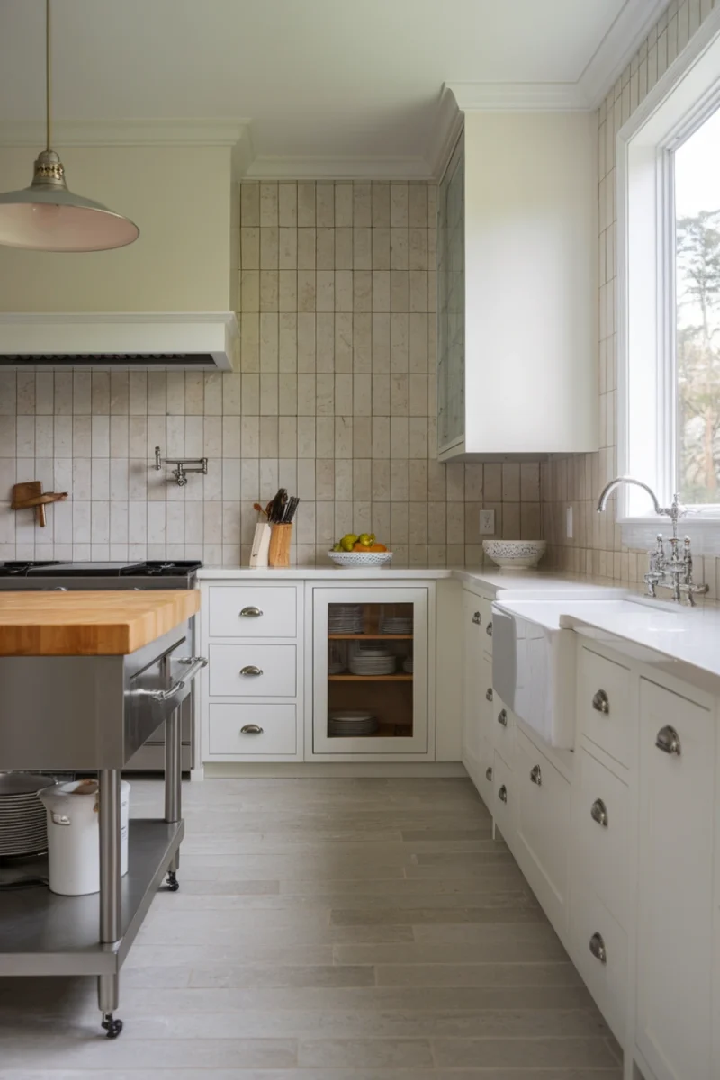 Modern kitchen with neutral-toned wall tiles and clean design