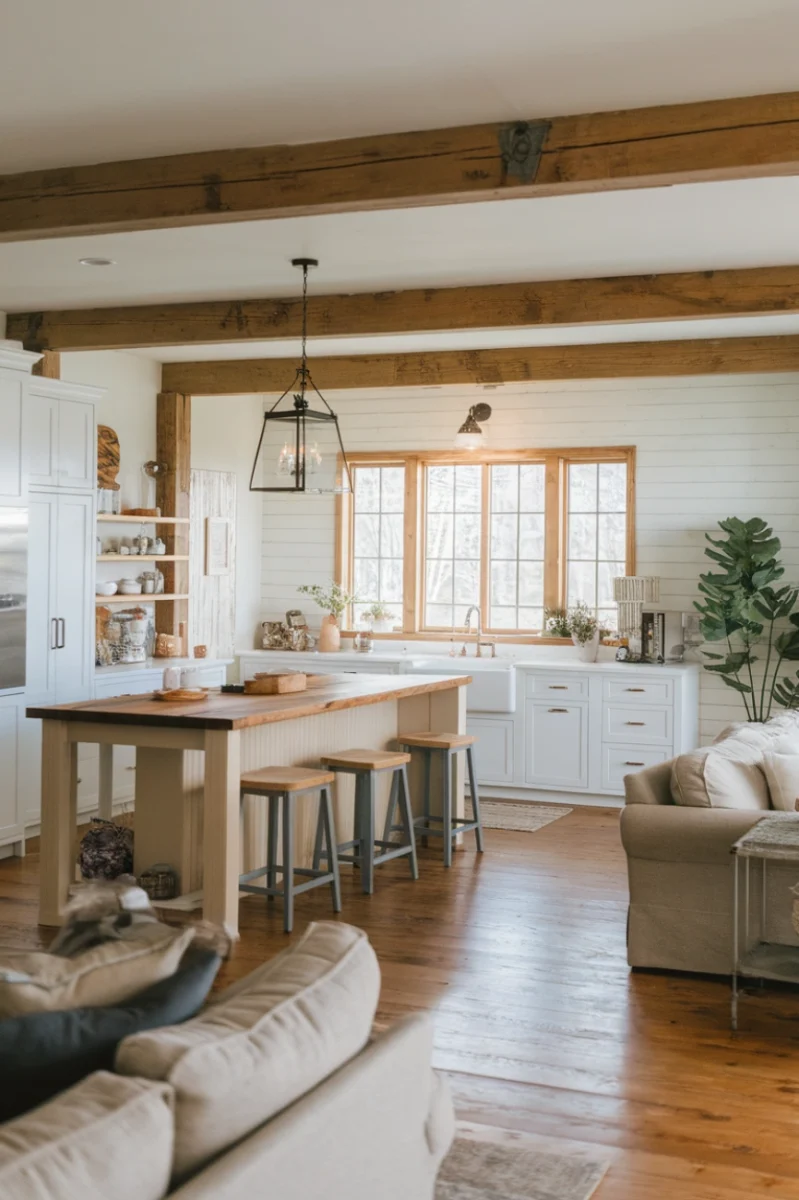 A spacious farmhouse kitchen with an open concept layout featuring wooden beams, white cabinetry, and a large island.