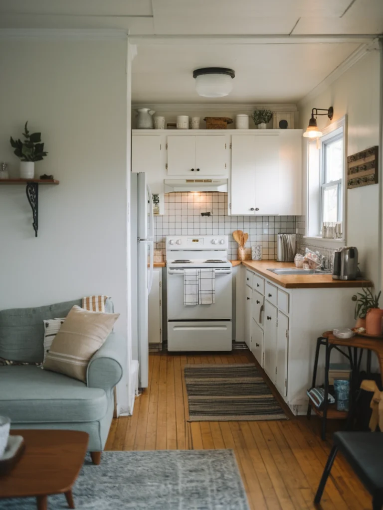 Cosy open concept kitchen integrated with a living area, featuring simple decor and natural light.