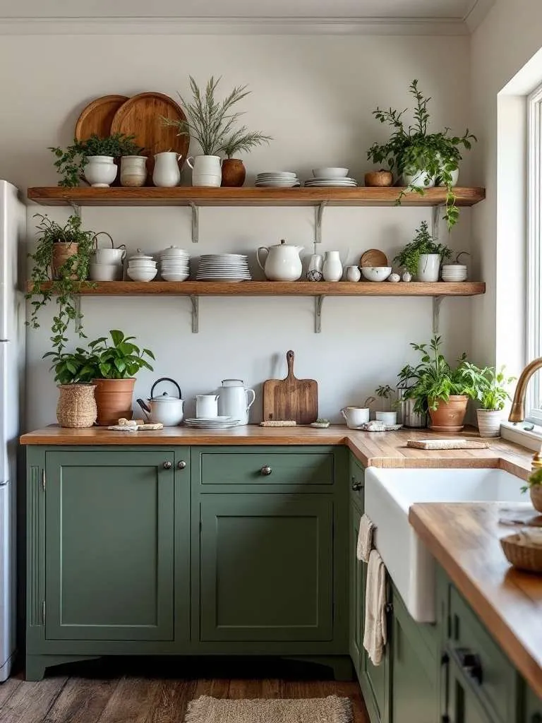 Cosy Cottage Kitchen Ideas: Open shelving in a cozy kitchen displaying white dishware and plants.