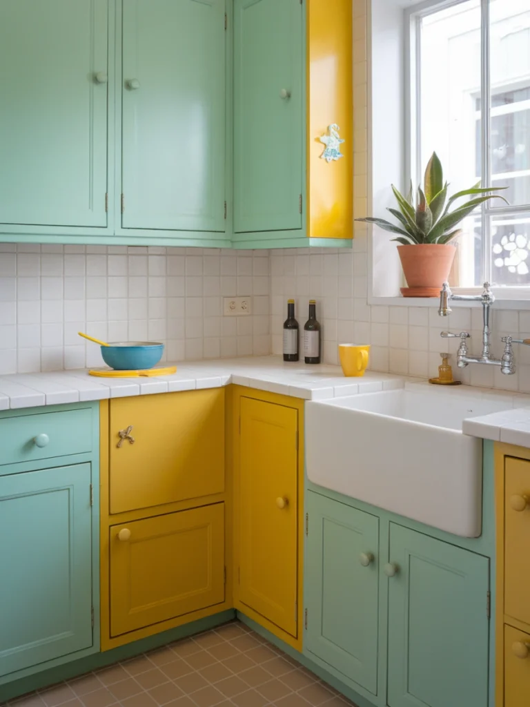 A small kitchen with mint green and yellow cabinets, featuring a farmhouse sink and natural plant decor.