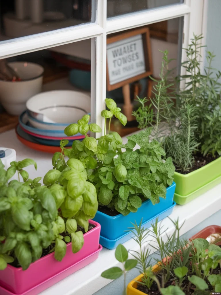Colourful potted herbs on a kitchen windowsill