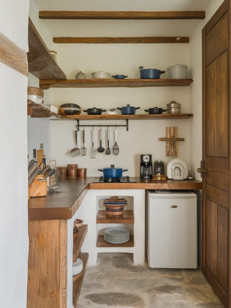 A rustic modern kitchen with wooden shelves, natural stone flooring, and a variety of cookware.