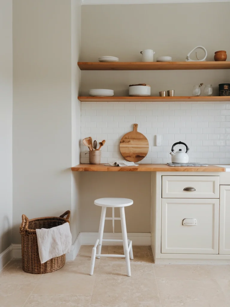 A small Scandinavian-style kitchen featuring wooden shelves, a white stool, and minimalist decor.