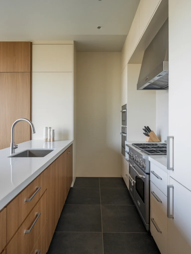 A sleek, minimalist kitchen with wooden cabinets, a simple countertop, and modern appliances, demonstrating efficient use of a compact space.