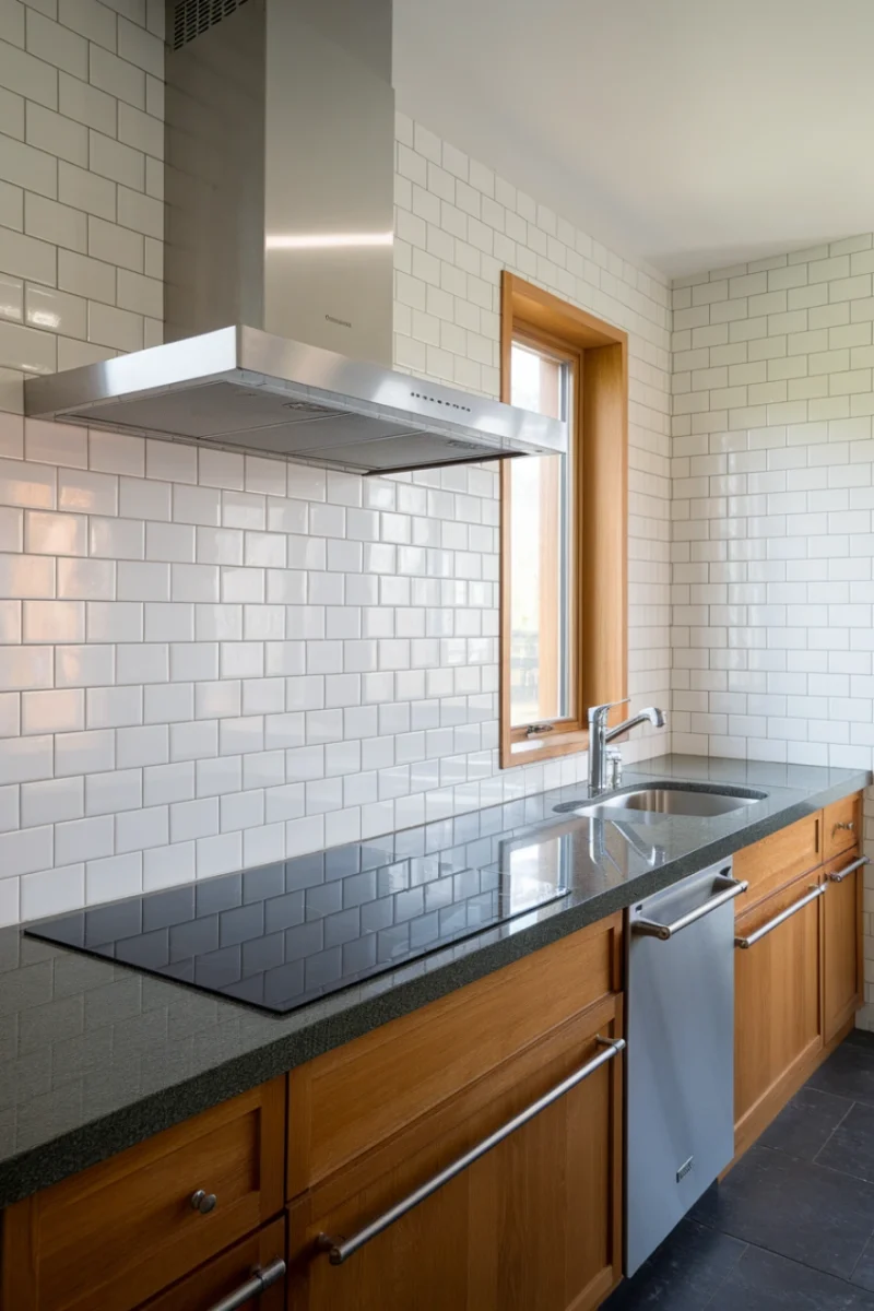 Modern kitchen featuring sleek white subway tiles and a black countertop.