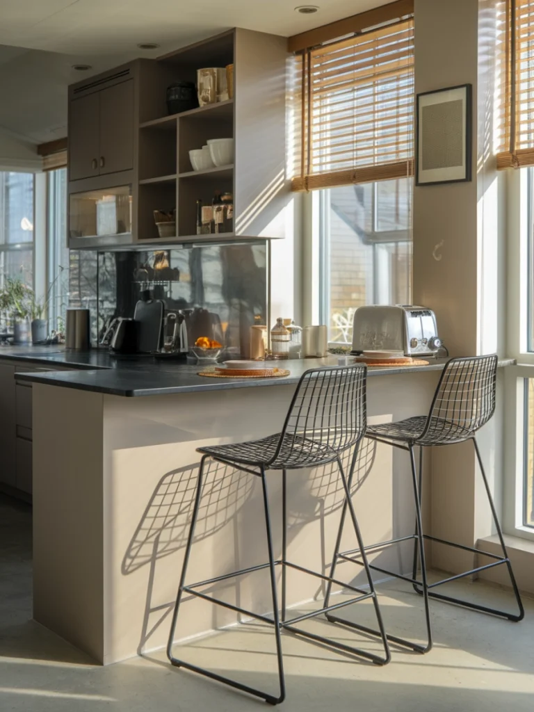 Stylish breakfast bar in a small kitchen with wire stools and a black countertop.