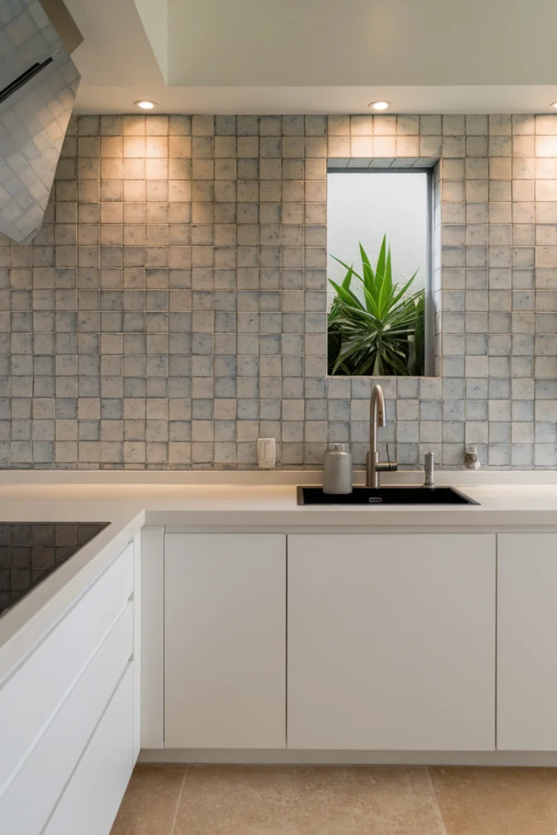 A modern kitchen with textured wall tiles and a sleek design.