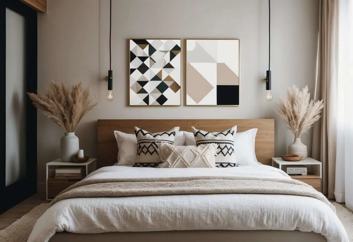 A cozy bedroom with minimalist decor, featuring geometric patterns, natural materials, and neutral colors