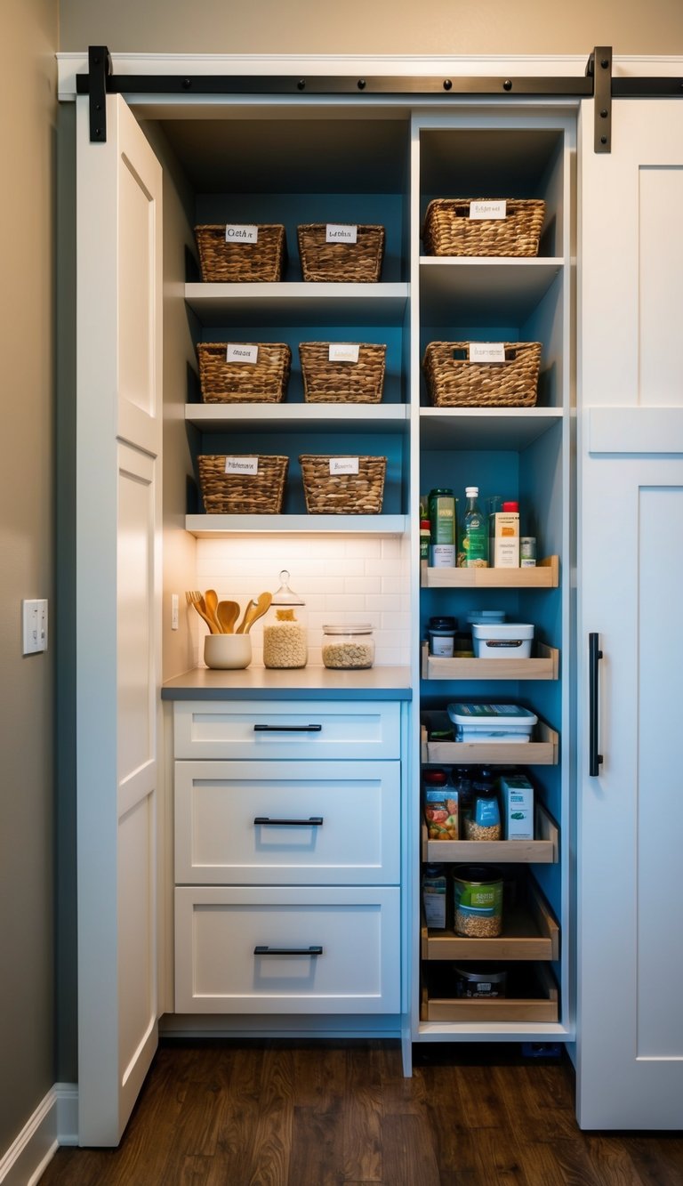 A small kitchen pantry with labeled shelves, hanging baskets, and pull-out drawers for organization. A sliding barn door conceals the clutter-free space