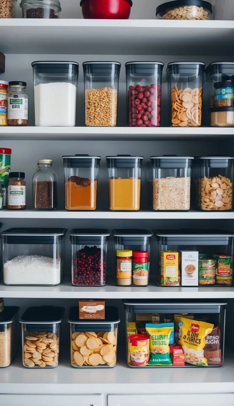 Clear storage containers neatly organized on shelves, filled with various kitchen pantry items such as spices, dry goods, and snacks