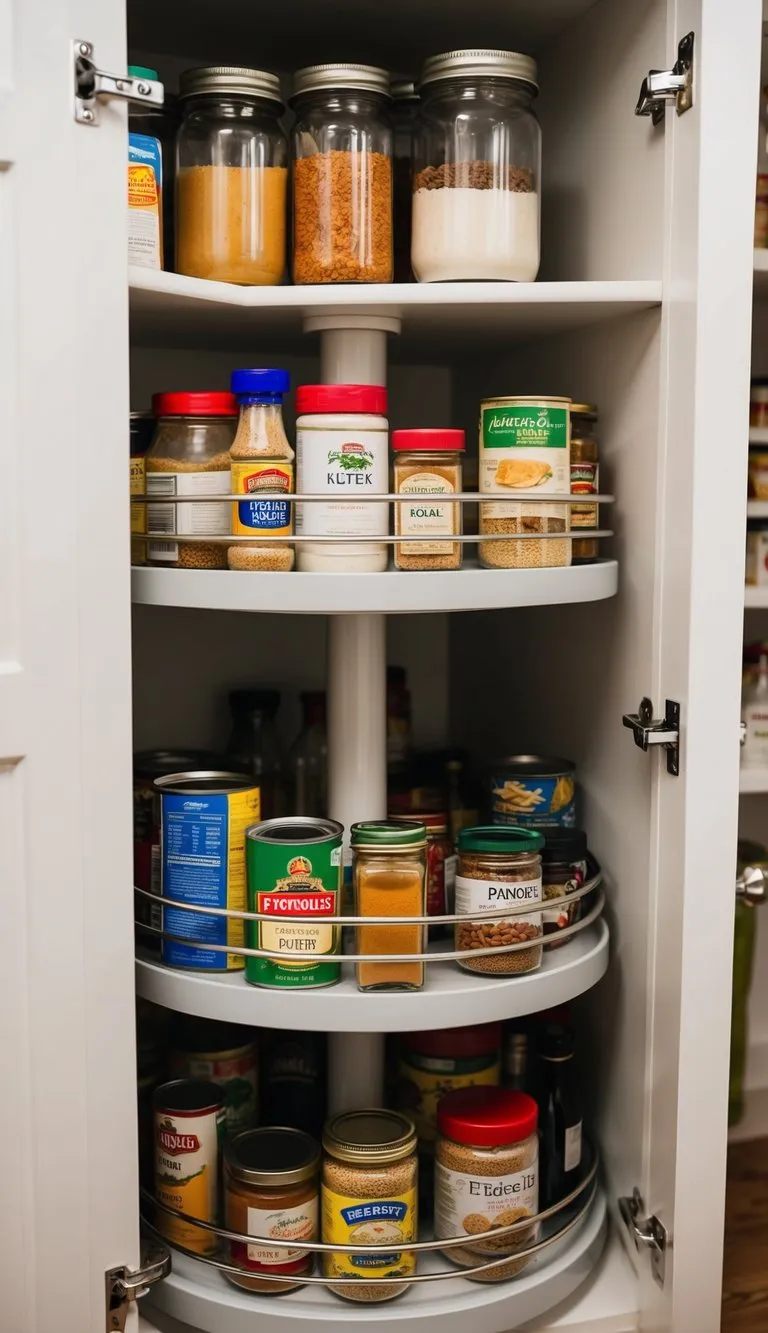 A small kitchen pantry with a newly installed lazy Susan, organizing jars, cans, and spices on the rotating shelf