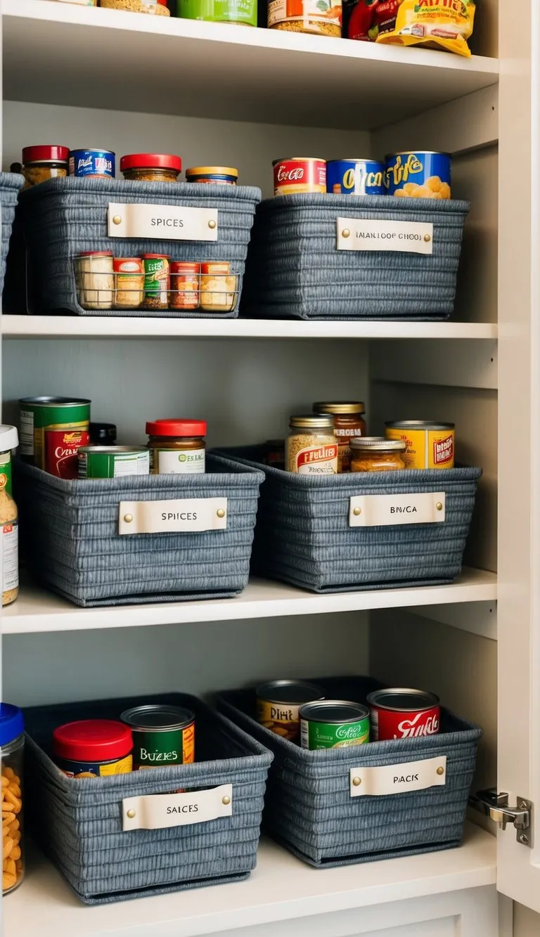 Under-shelf baskets hang in a small kitchen pantry, holding various items such as spices, canned goods, and snacks