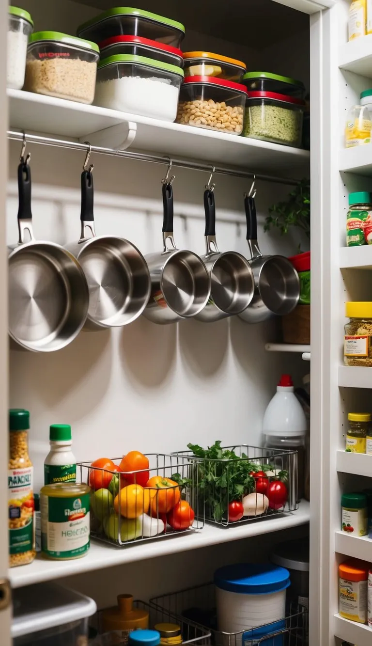 Pots hanging on hooks in a small kitchen pantry, surrounded by shelves of neatly organized ingredients and kitchen supplies