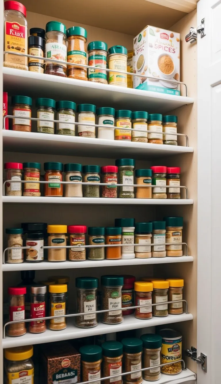 A small kitchen pantry with tiered spice racks neatly organized on the shelves, maximizing space and providing easy access to a variety of spices and seasonings