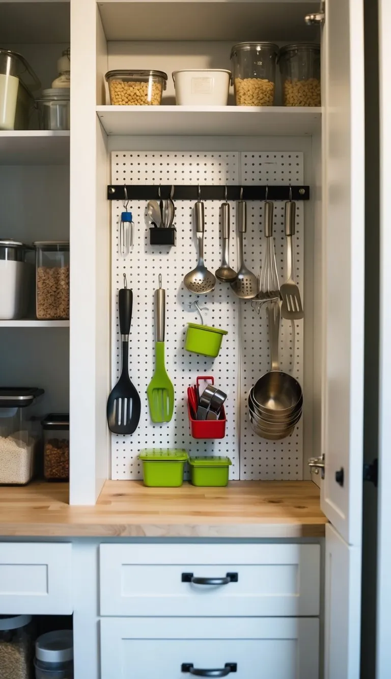 A pegboard being installed in a small kitchen pantry, with various utensils and containers hanging from hooks, maximizing storage space